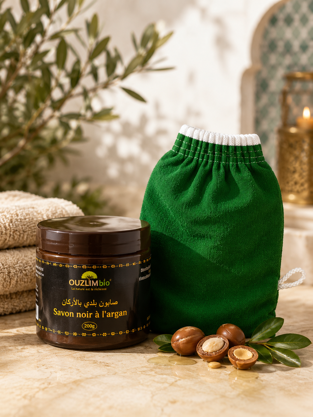 Kit Hammam marocchino tradizionale - sapone nero all’argan + guanto kiss esfoliante