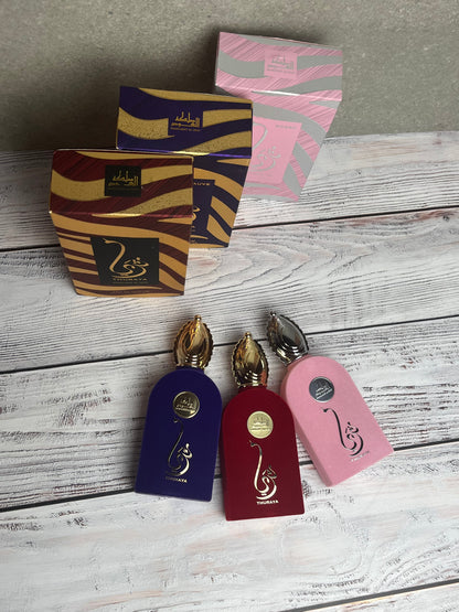 Cofanetto trio THURAYA ❤️💜🌸– 3 profumi vellutati + il tuo nome in arabo e dedica personalizzata, brilla in grande 😍