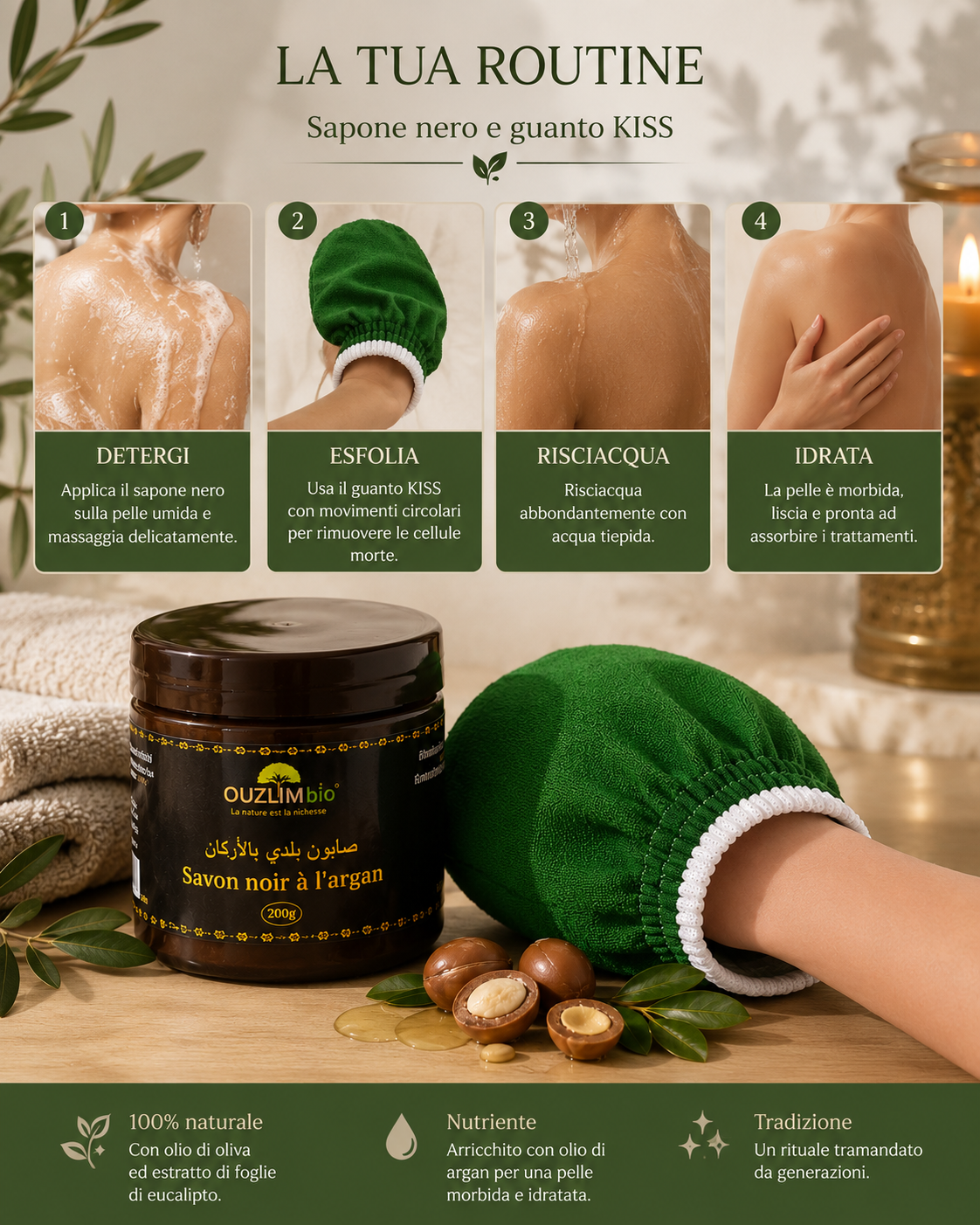 Kit Hammam marocchino tradizionale - sapone nero all’argan + guanto kiss esfoliante